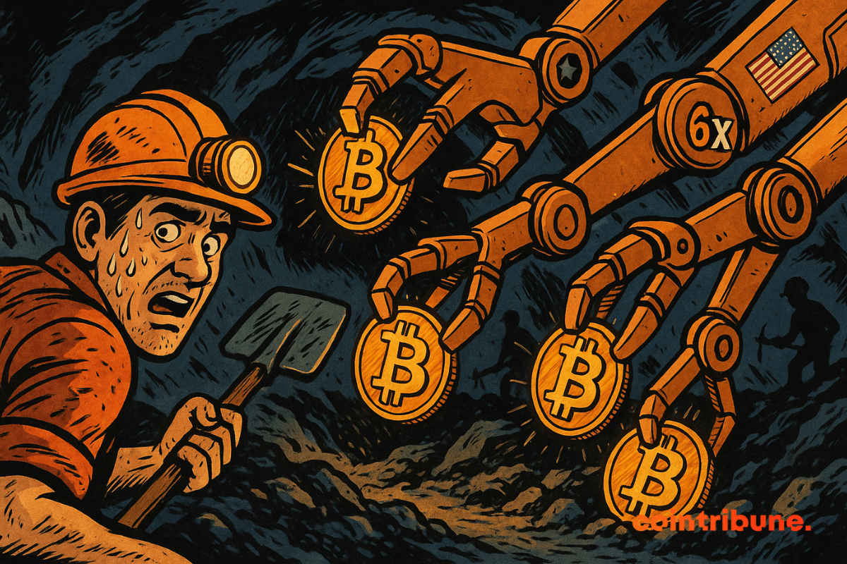 Illustration of an exhausted bitcoin miner staring in amazement at robotic arms marked “6x”.