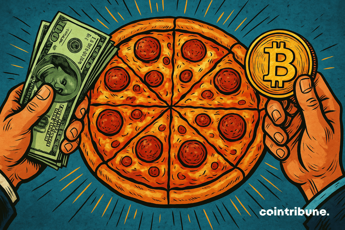 A large, appetizing pizza sits at the center of the image, illustrated in a 1970s comic book style. On the left, a firm hand holds a wad of dollar bills, while on the right, another hand extends a golden coin marked with the Bitcoin symbol. The colors are vivid, the contours pronounced, and the dynamic lines underscore the tension of the exchange between traditional money and cryptocurrency.