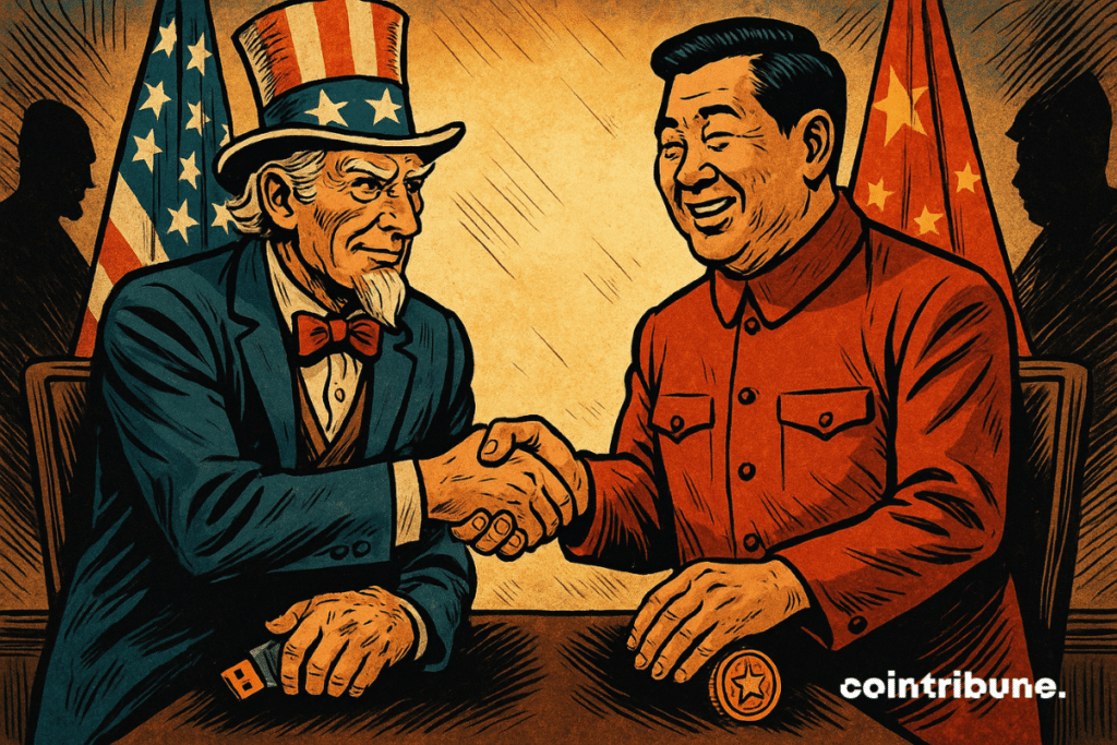 Poignée de mains entre l'Oncle Sam et un chinois, tenant respectivement de leurs mains libres un objet trahissant leur sincérité concernant le devenir de l'économie mondiale