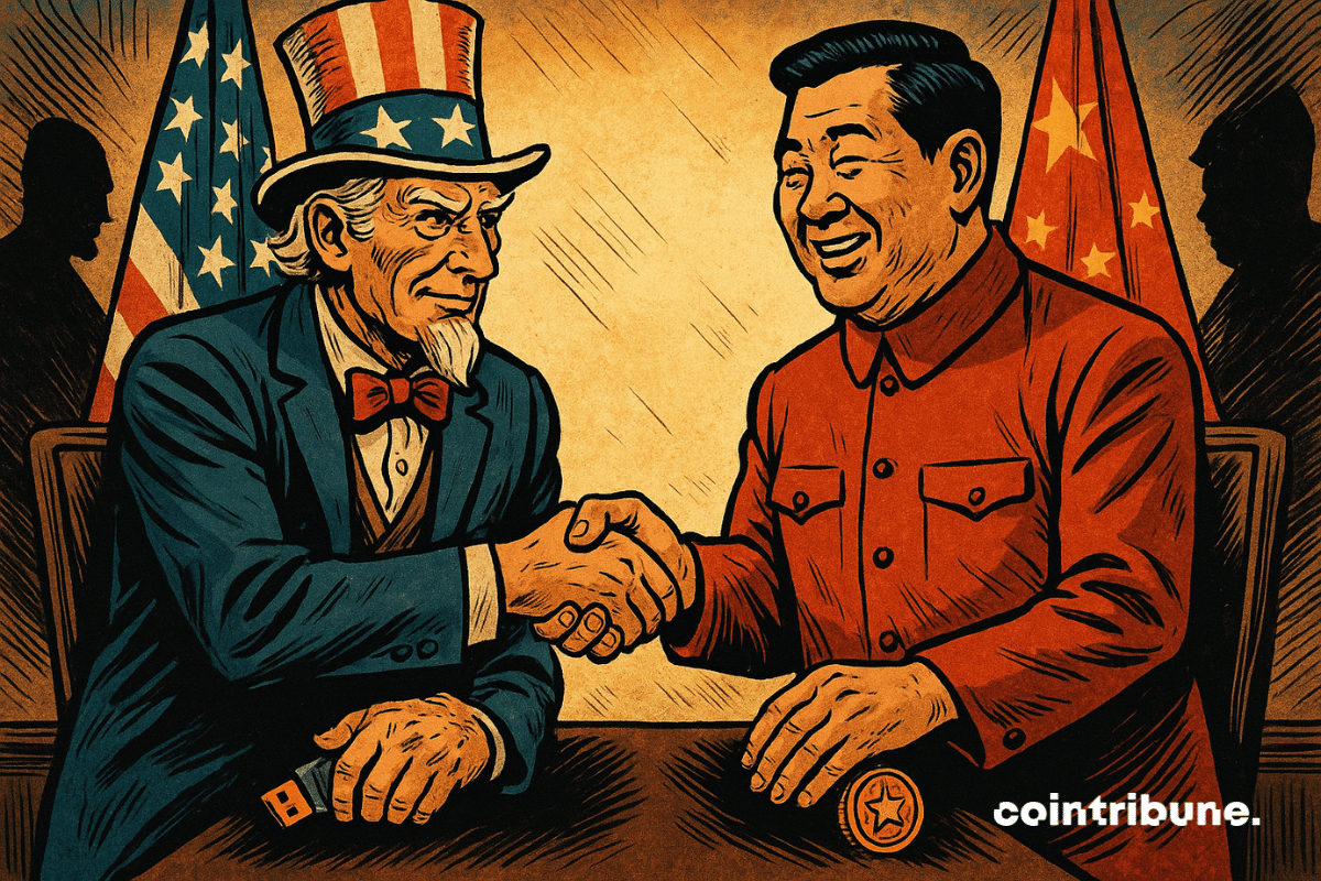 Poignée de mains entre l'Oncle Sam et un chinois, tenant respectivement de leurs mains libres un objet trahissant leur sincérité concernant le devenir de l'économie mondiale
