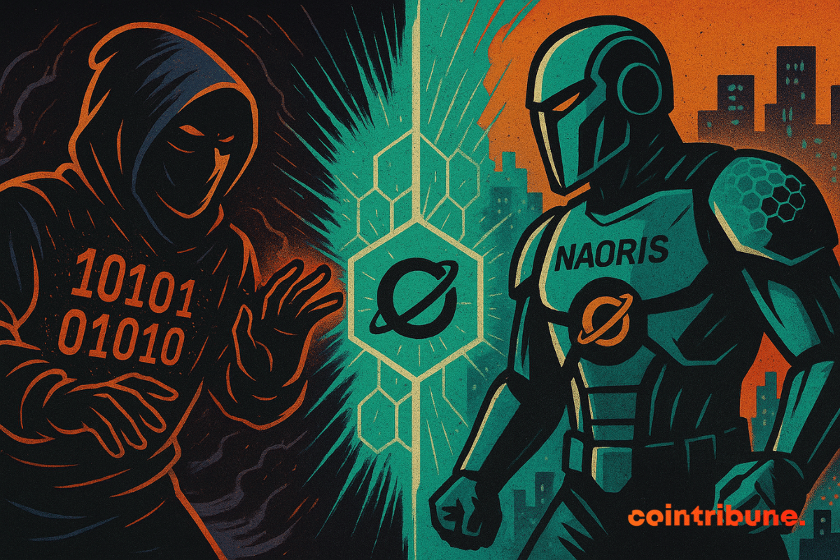 Un affrontement numérique sur la blockchain entre un hacker encapuchonné portant des chiffres binaires et une figure futuriste blindée nommée "NAORIS", séparés par un bouclier blockchain lumineux.