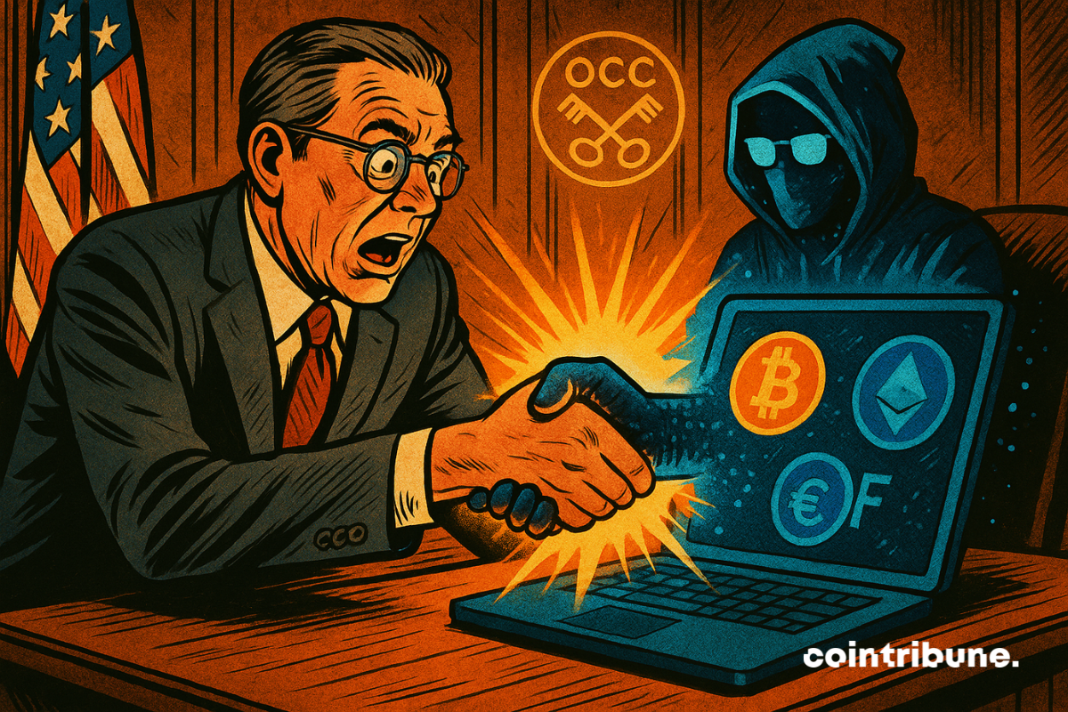 Un responsable américain choqué serre la main d'une mystérieuse silhouette encapuchonnée sortant d'un ordinateur portable affichant des logos de crypto-monnaies comme Bitcoin et Ethereum.