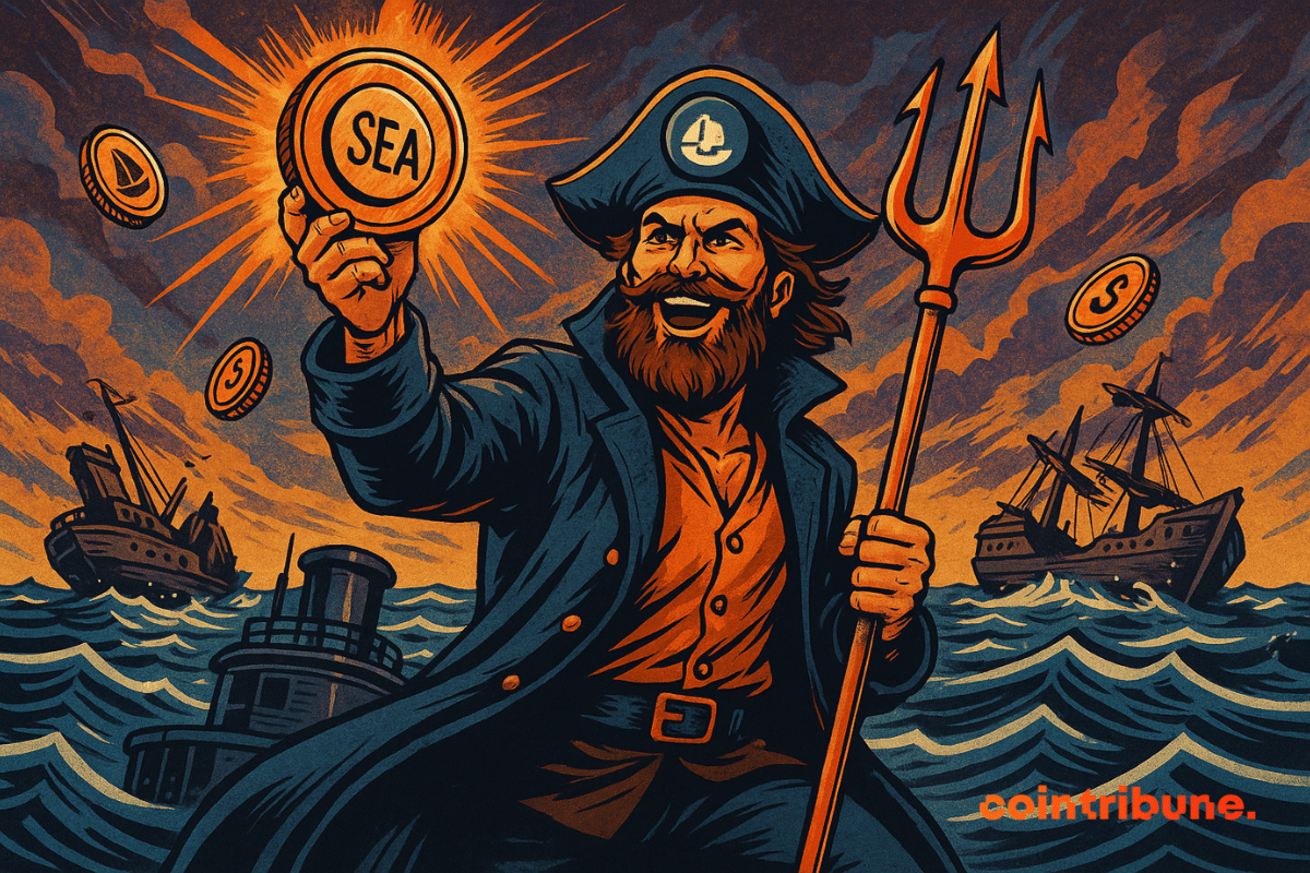 Capitão OpenSea segurando um tridente em uma mão e a criptomoeda SEA na outra.