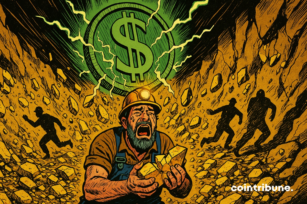 Un mineur d’or en pleur parce que le métal jaune chute, face à la hausse du Dollar puissant qui écrase la mine.
