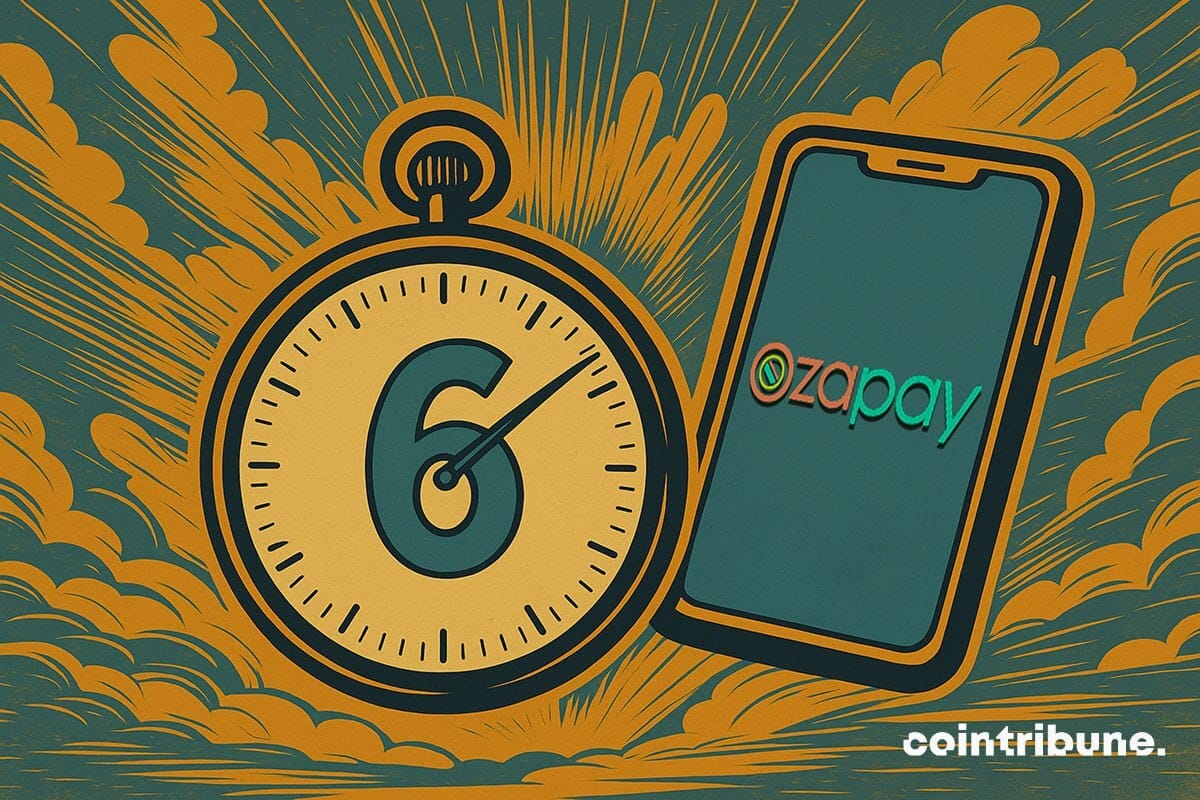 A large stopwatch displaying the number 6 is surrounded by bursts of color, next to a smartphone showing the Ozapay logo, suggesting quick crypto gains.