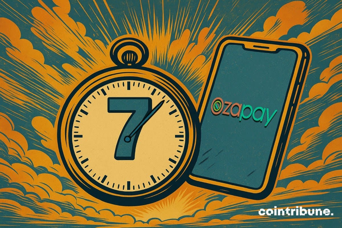 Un grand chronomètre affichant le chiffre 7 est entouré d’explosions de couleur, à côté d’un smartphone montrant le logo Ozapay, évoquant des gains crypto rapides.