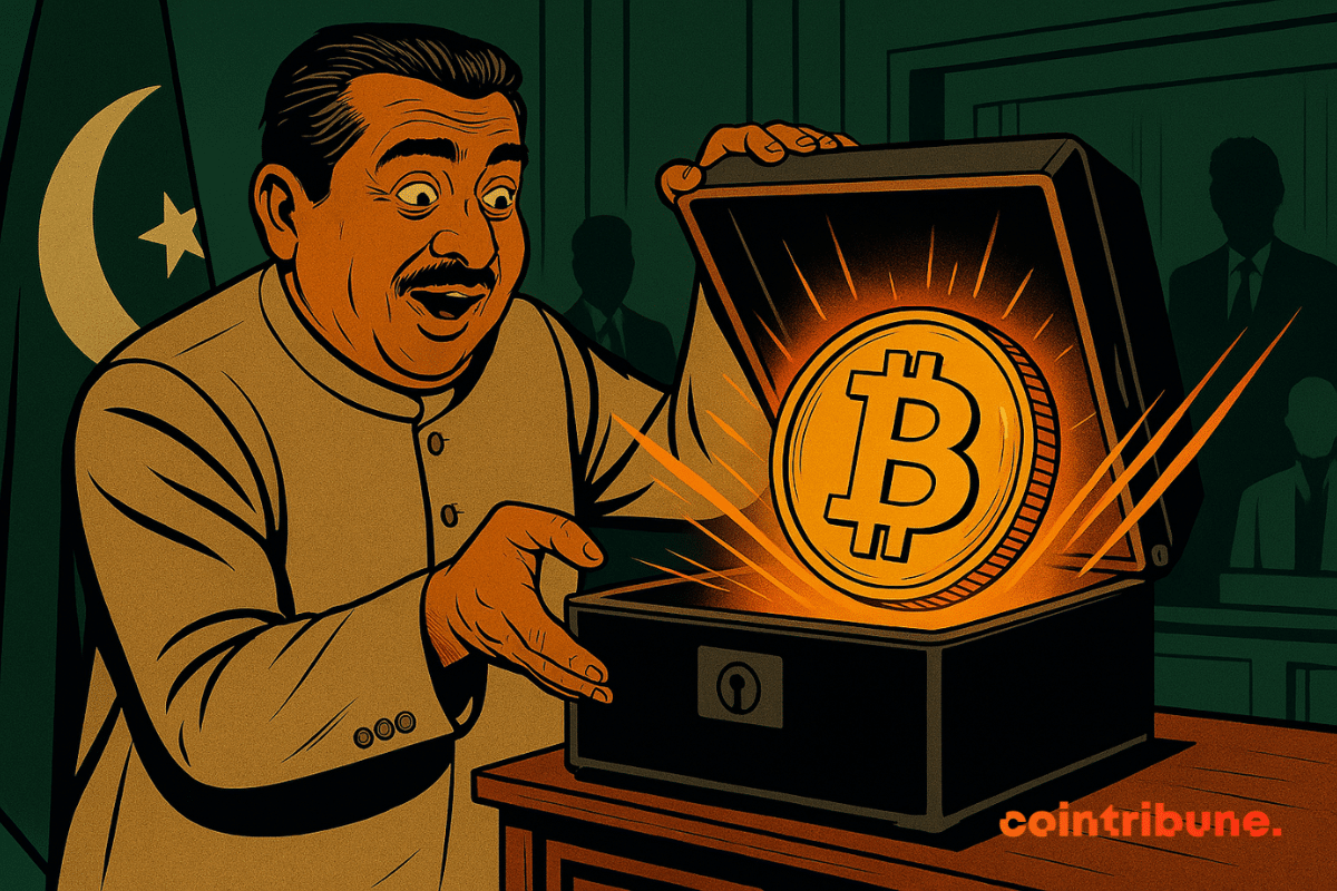 Ministre pakistanais ouvrant un coffre contenant une pièce lumineuse de bitcoin