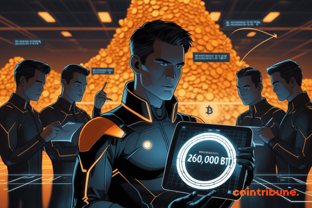 Futuristic characters viewing a tablet featuring 260,000 BTC
