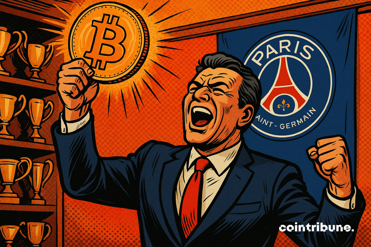 The PSG President raises a Bitcoin like a trophy.
