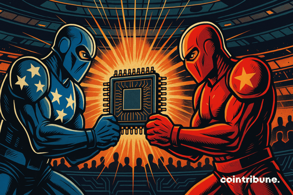 Two gladiators, one representing the USA and the other China, competing over an AI chip