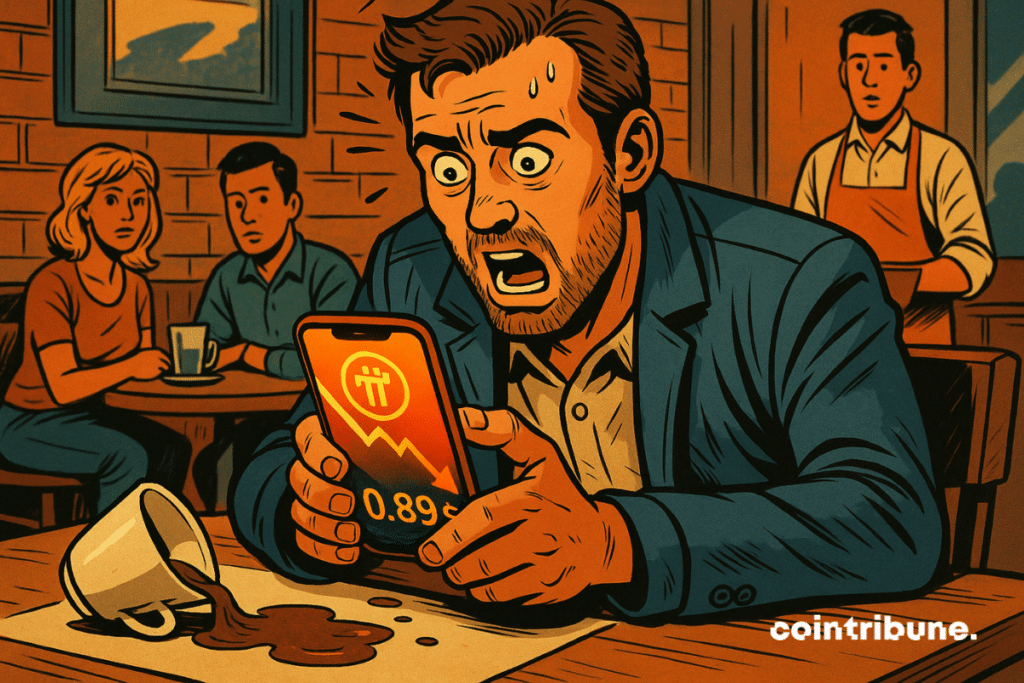 Pi Network crypto investor stares at his phone.