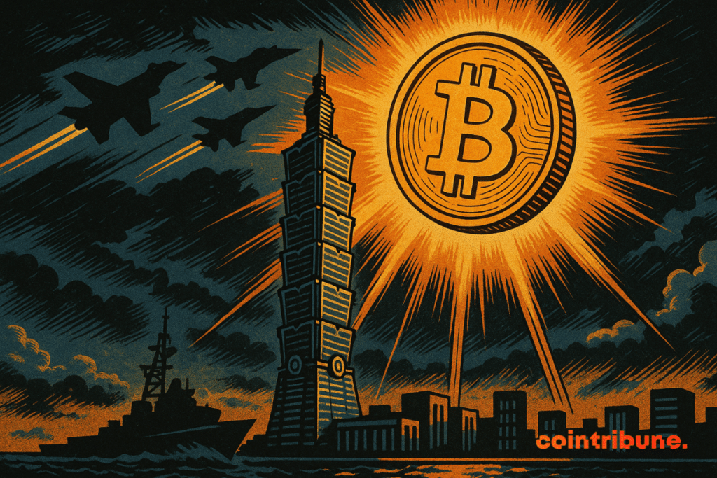 A massive Bitcoin coin shines like a solar shield above the Taipei 101 tower, illuminating the city as fighter jets and warships approach under a stormy sky. In a 1970s comic book style, the illustration contrasts the protective light of Bitcoin with the dark threat of the Chinese embargo, with contrasting orange and midnight blue colors heightening the dramatic tension.