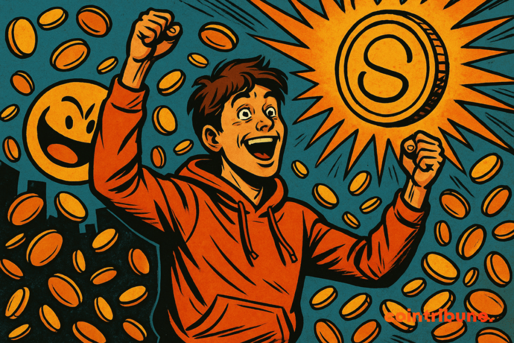Illustration d'un jeune créateur en hoodie orange exulte sous une pluie de jetons dorés, entouré de symboles crypto et d’éclairs lumineux