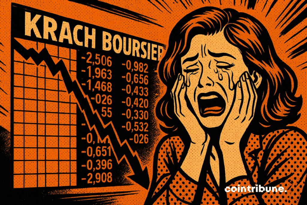 A retro comic book style illustration on an orange background showing a distressed woman crying, facing a plummeting stock chart