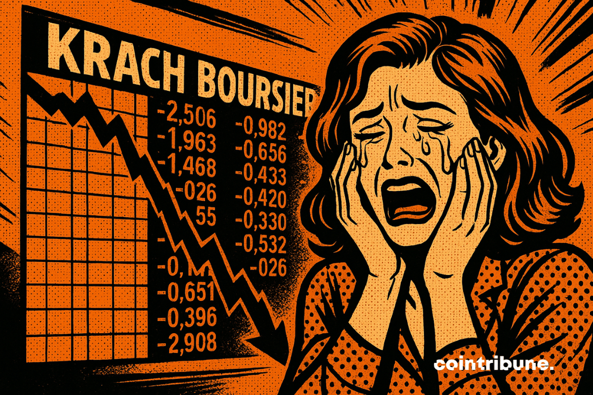Une illustration de style bande dessinée rétro sur fond orange montrant une femme en détresse qui pleure, face à un graphique boursier en chute libre