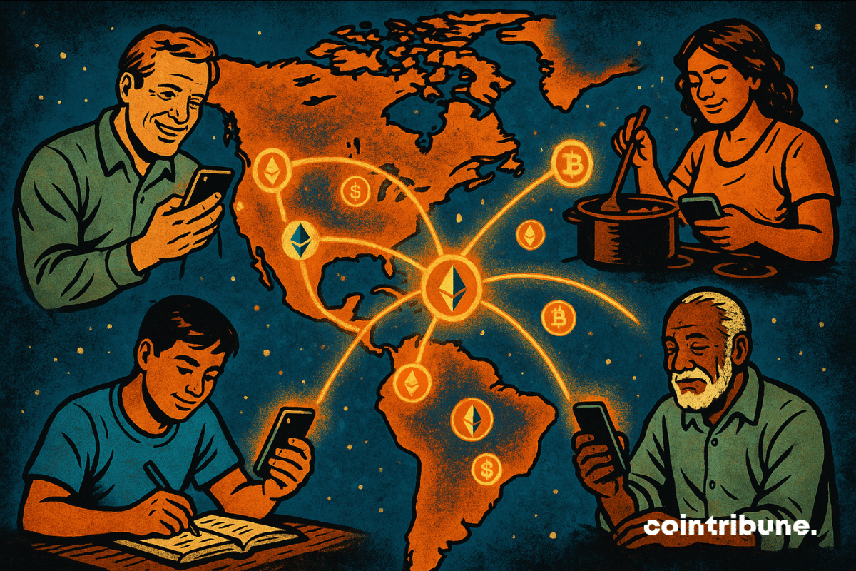 Partout en Amérique, les gens utilisent leurs smartphones pour envoyer et recevoir des fonds, représentés par des icônes lumineuses de cryptos comme Bitcoin et Ethereum, reliant les pays.