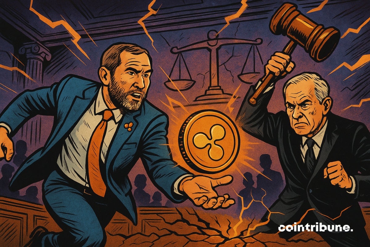 Ripple CEO throws glowing coin at SEC in dramatic courtroom clash.