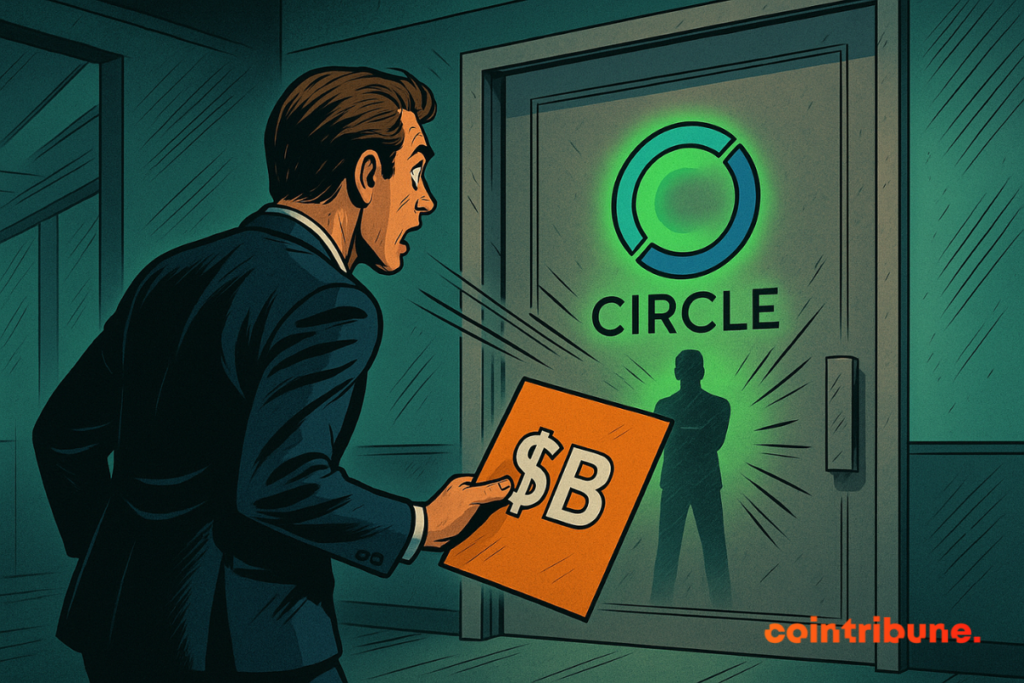 Um homem de terno segura uma placa “$B” e se dirige a uma porta de vidro que exibe o logotipo iluminado da Circle, atrás da qual está uma silhueta.