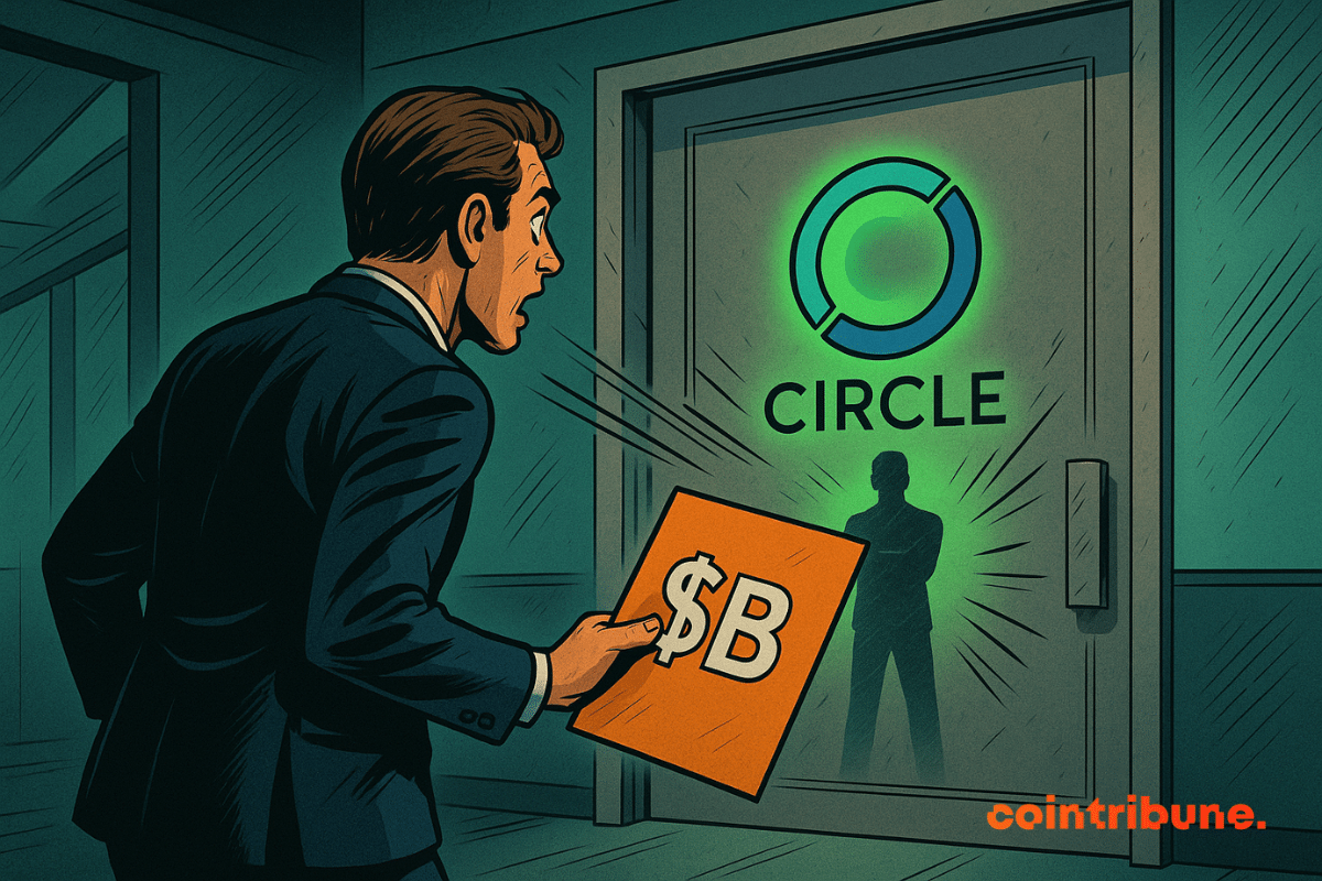 Un homme en costume tient un panneau « $B » et s’adresse à une porte vitrée affichant le logo lumineux de Circle, derrière laquelle se tient une silhouette.