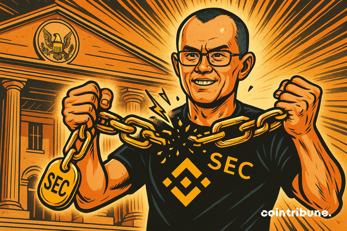 CZ, presidente histórico da exchange cripto Binance, rompe correntes douradas marcadas com "SEC".