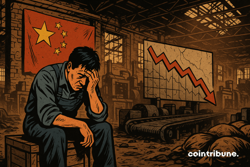O interior de uma enorme fábrica vazia na China, com uma luz pálida caindo pelas janelas quebradas.