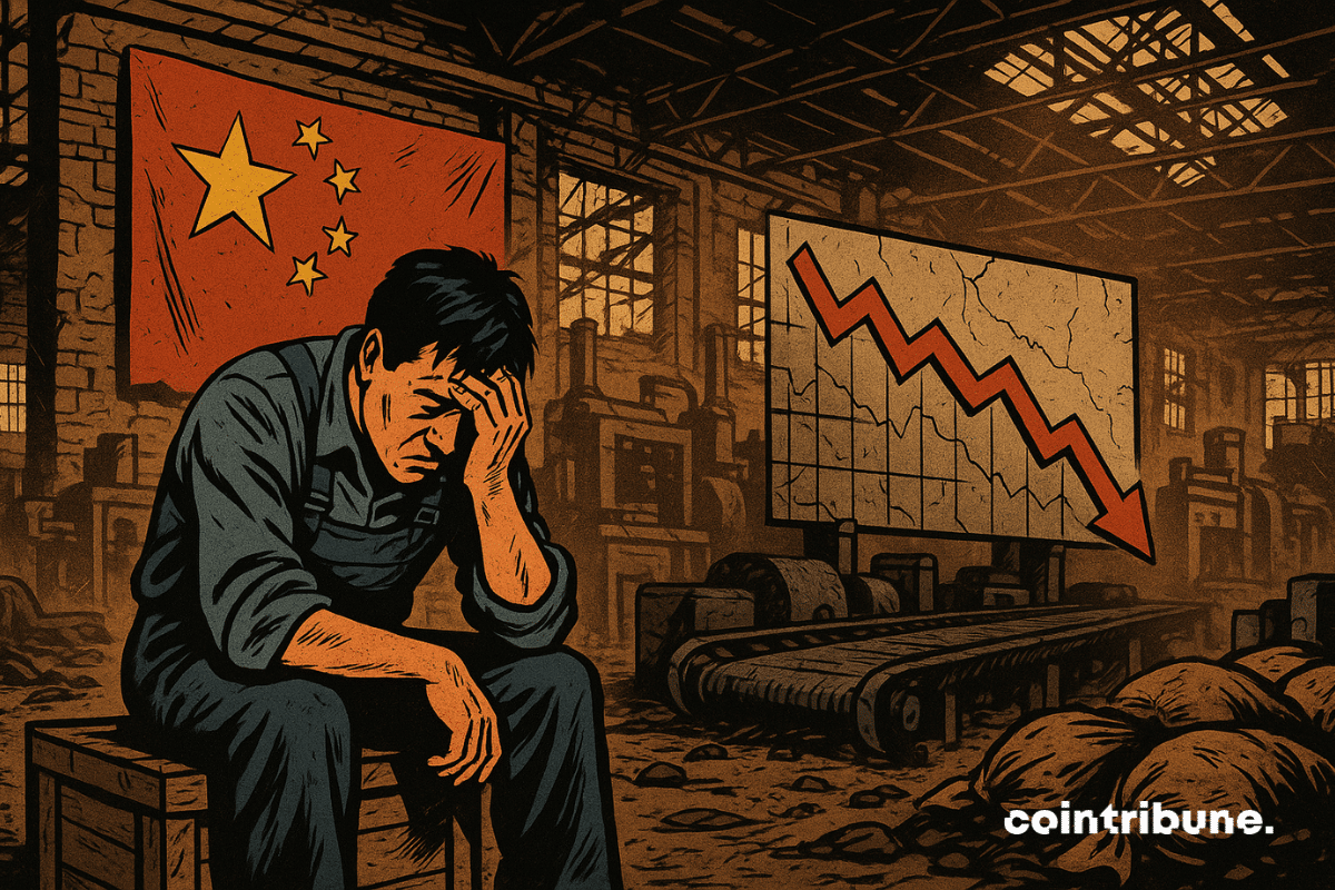 L'intérieur d’une immense usine vide en Chine, lumière blafarde tombant des vitres cassées, avec un ouvrier en salopette grise, assis sur une caisse, tête entre les mains, ce qui symbolise la baisse d'activité à cause des tarifs de Trump.