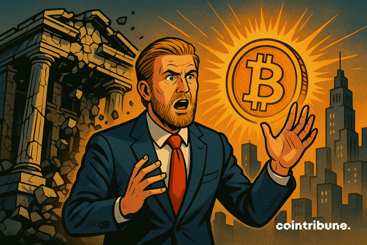 Ville futuriste en arrière-plan, plan moyen centré sur Eric Trump, investisseur crypto, debout sur les marches d’une banque.