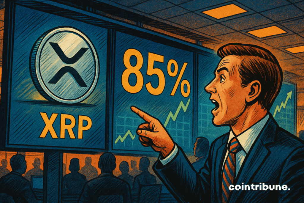 Inside a trading room, wide shot with hanging screens displaying a huge “85%”.