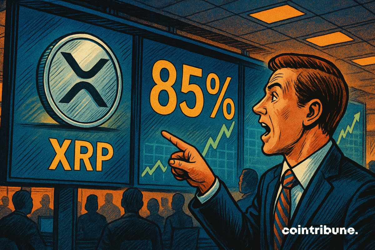 L'intérieur d’une salle de marché, plan large avec écrans suspendus affichant un "85%" en énorme. Un trader crypto enthousiaste pointe du doigt l’écran