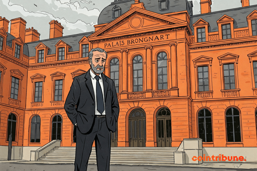 Un investisseur debout devant le Palais Brongniart (ancienne Bourse de France), en fin de journée, les mains dans les poches, observant l’entrée du bâtiment d’un air préoccupé. À ses pieds, quelques feuilles de cotations du Cac 40 envolées. Le ciel est nuageux, l’atmosphère est lourde mais pas dramatique.
