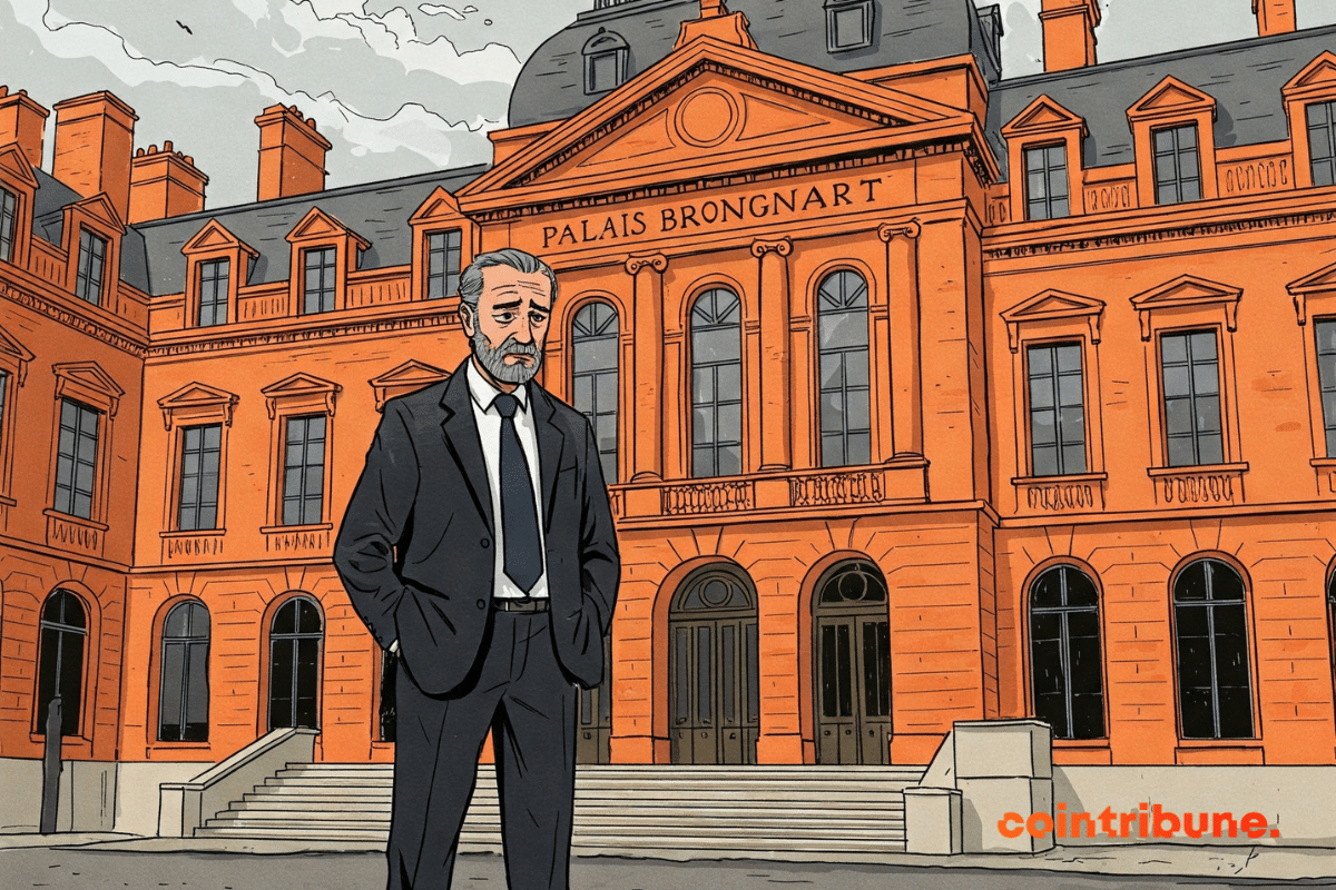 An investor standing in front of the Palais Brongniart (former Paris Stock Exchange), at the end of the day, hands in his pockets, looking at the building's entrance with a concerned expression. At his feet, a few CAC 40 stock sheets are blowing in the wind. The sky is overcast, and the atmosphere is heavy but not dramatic.