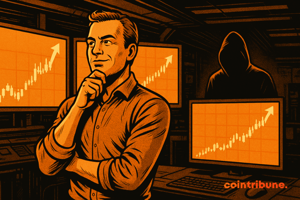 A lone crypto investor standing in front of multiple screens showing bullish charts, looking confident yet distracted, while a subtle shadow in the background (symbolizing a digital threat or scam) approaches in a high-tech setting — representing Binance’s warning.