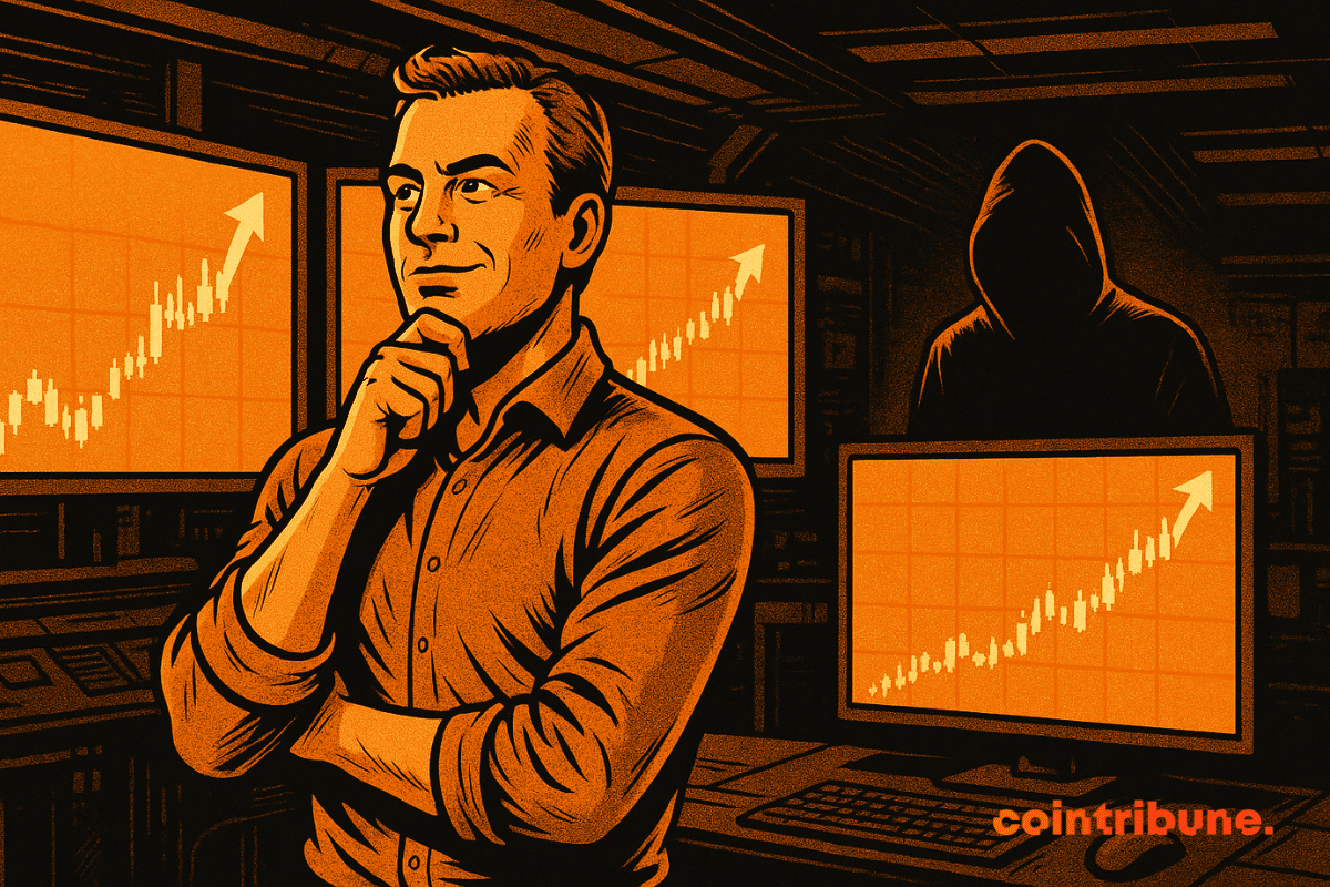 Un investisseur crypto seul, debout devant plusieurs écrans affichant des graphiques haussiers, l'air confiant mais distrait, tandis qu'une ombre discrète en arrière-plan (représentant symboliquement une menace numérique ou une escroquerie) s'approche dans un décor high-tech ce qui symbolise l'alerte de Binance.