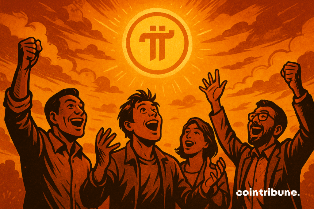 Des investisseurs euphoriques regardent dans le ciel une pièce lumineuse de la crypto Pi Network.