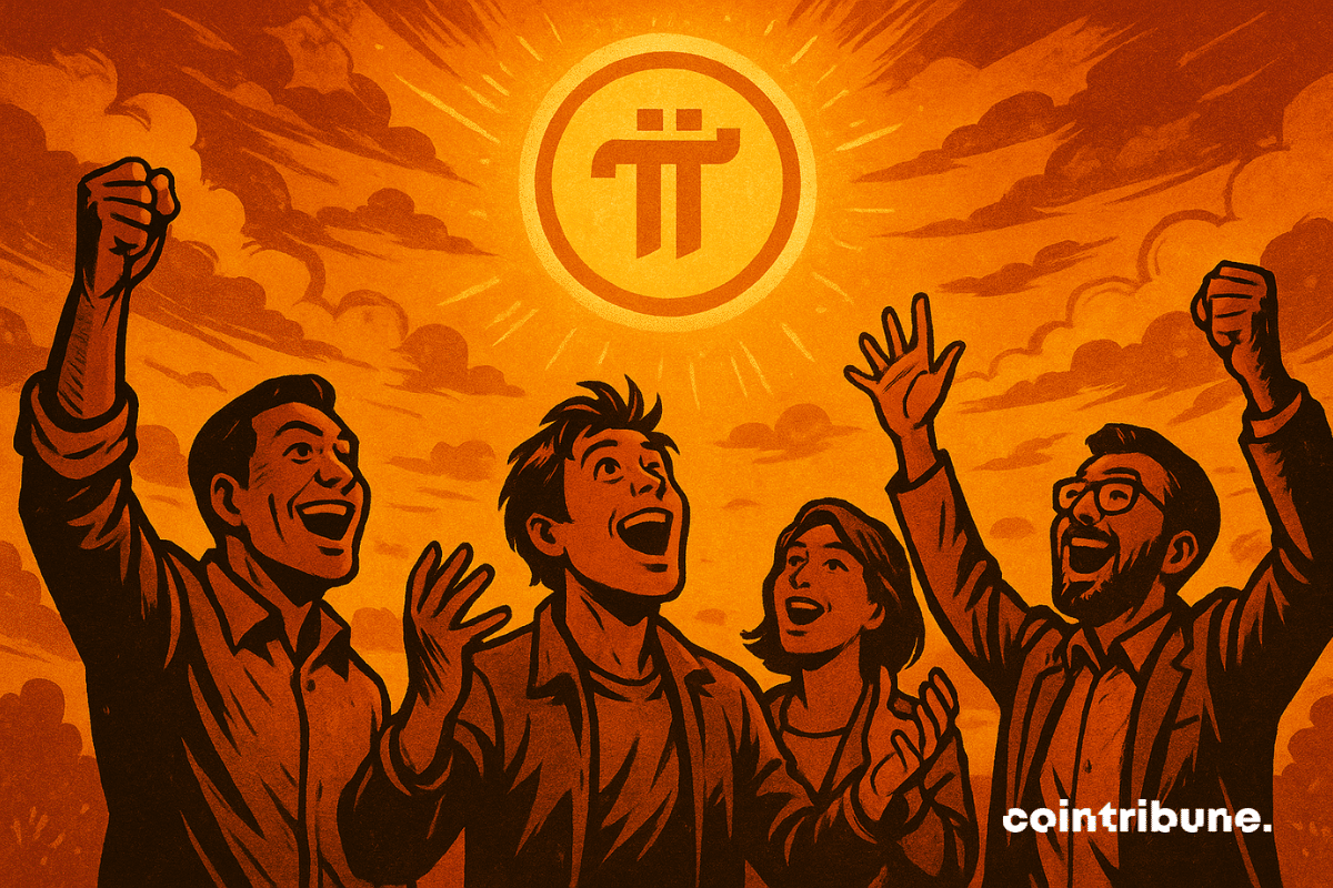 Des investisseurs euphoriques regardent dans le ciel une pièce lumineuse de la crypto Pi Network.
