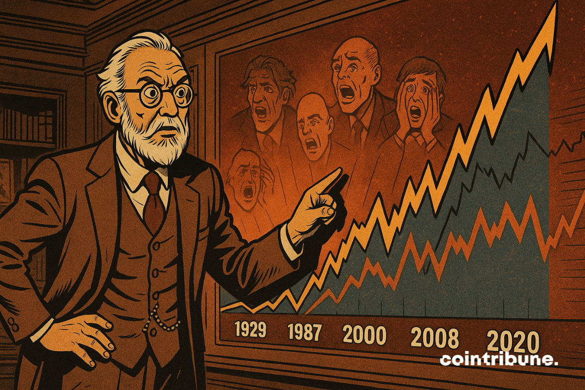 Vieil homme élégant, figure de sage boursier ou historien des marchés, debout, légèrement penché en avant, une main tendue vers une fresque murale sur le S&P 500 ce qui symbolise 100 ans d'histoire de la Bourse.