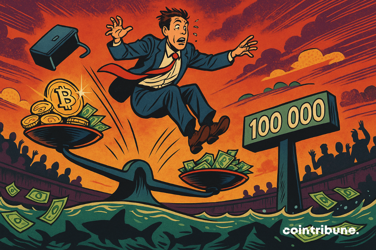 Un investisseur du Bitcoin en plein élan, suspendu dans l’air au-dessus d’un plongeoir marqué visuellement par la forme de “100 000”