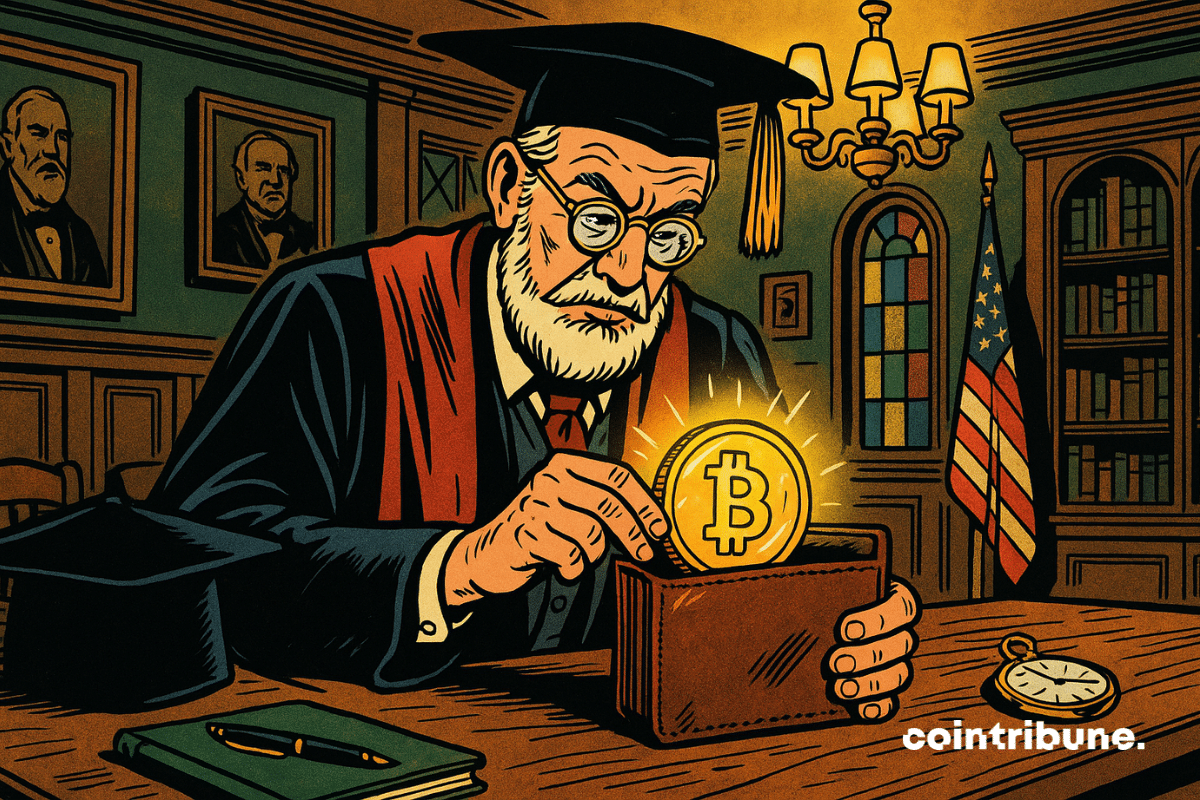 Un homme âgé, barbe blanche, lunettes rondes, robe universitaire avec écharpe rouge, toque posée sur la table. Il tient un gros Bitcoin doré entre les doigts et le glisse dans un portefeuille en cuir brun, ouvert sur la table. L’objet émet une légère lueur, ce qui symbolise l'intégration de la crypto dans le portefeuille d'une université via l’ETF de BlackRock.