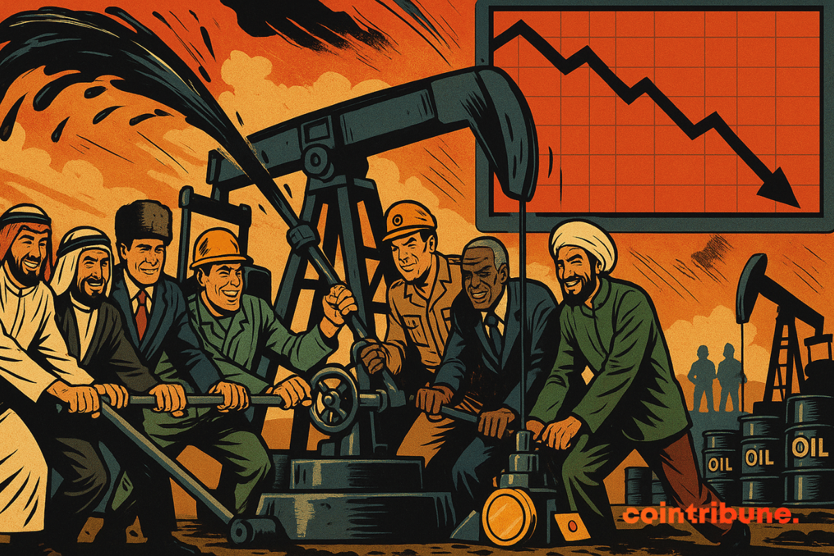 Huit figures représentant symboliquement 8 pays de l’OPEP+. Certains tirent un levier, d’autres tournent une vanne ou enfoncent un bouton, pour faire jaillir du pétrole.