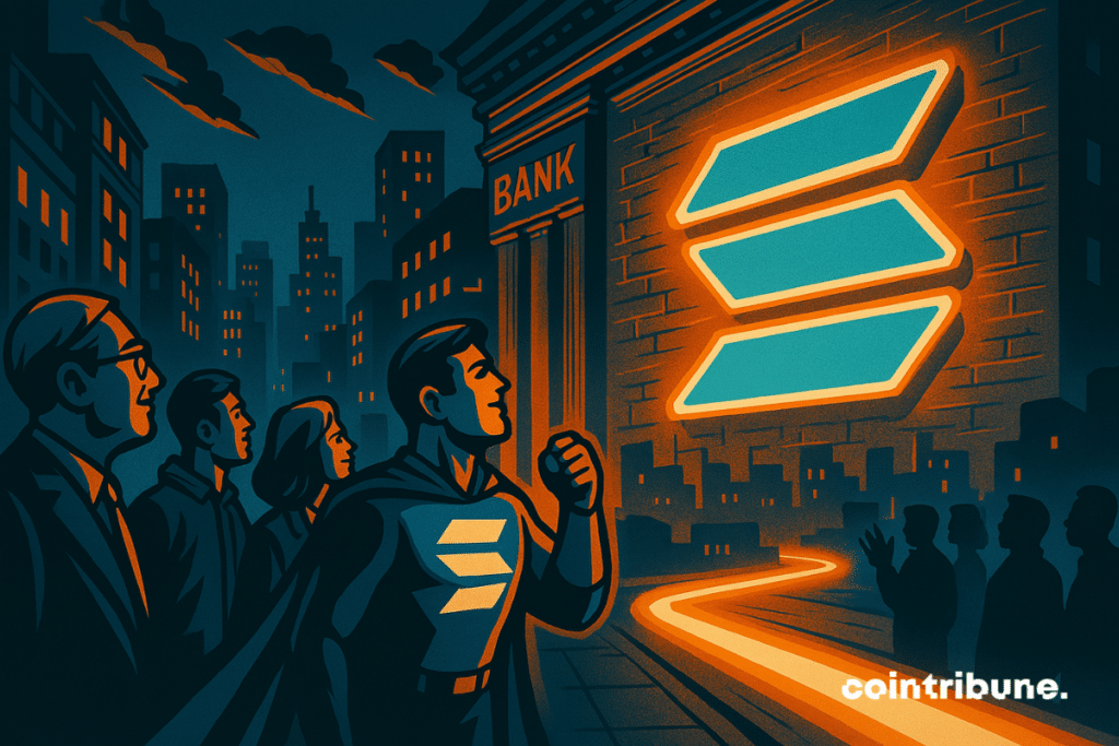 Superhero surrounded by people of all kinds admiring a Solana logo on the wall of a bank building