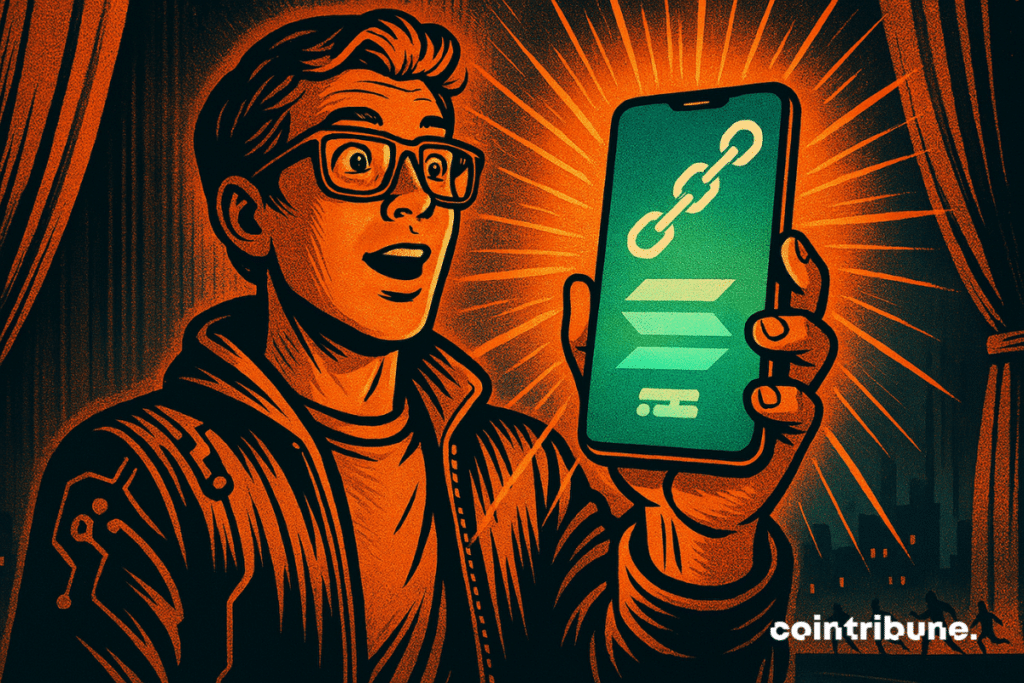 Young man holding a smartphone with the Solana logo in one hand