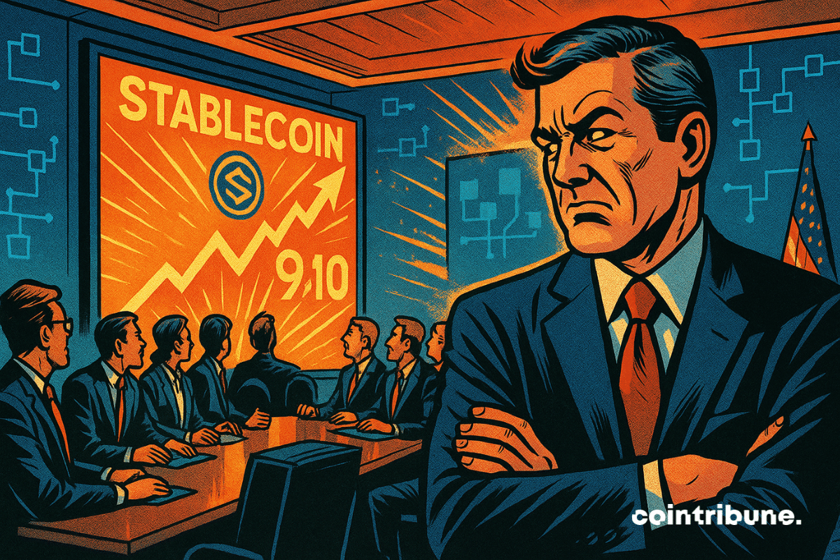 Banquier pointant leur regard sur un écran affichant stablecoin