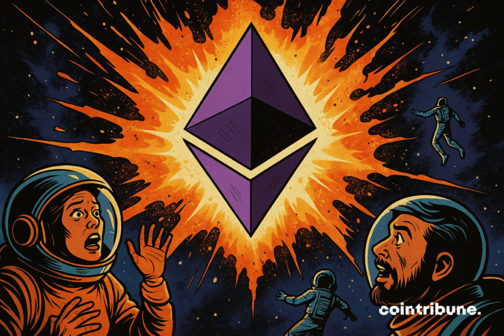 Terrified astronauts in space suits float near a massive Ethereum logo glowing with an explosive burst of light in the middle of the cosmos.