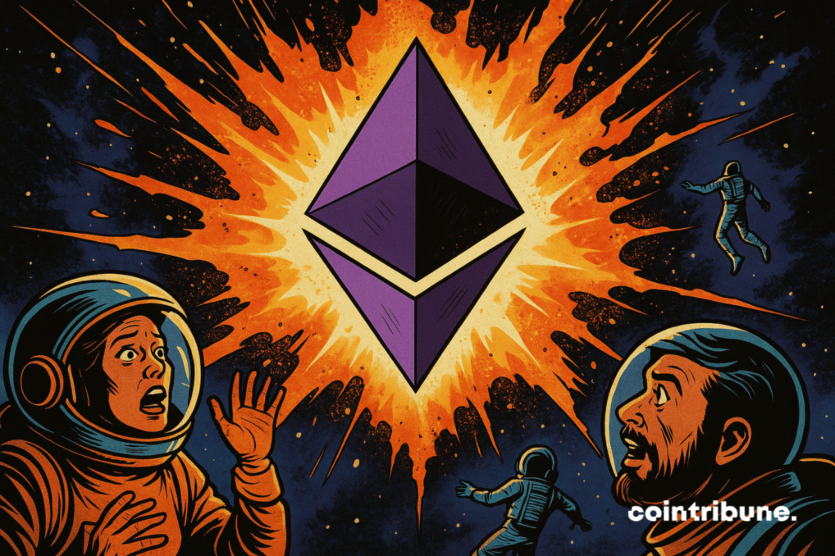Des astronautes effrayés dérivent dans l’espace autour d’un immense logo Ethereum émettant une explosion lumineuse au centre de l’univers.