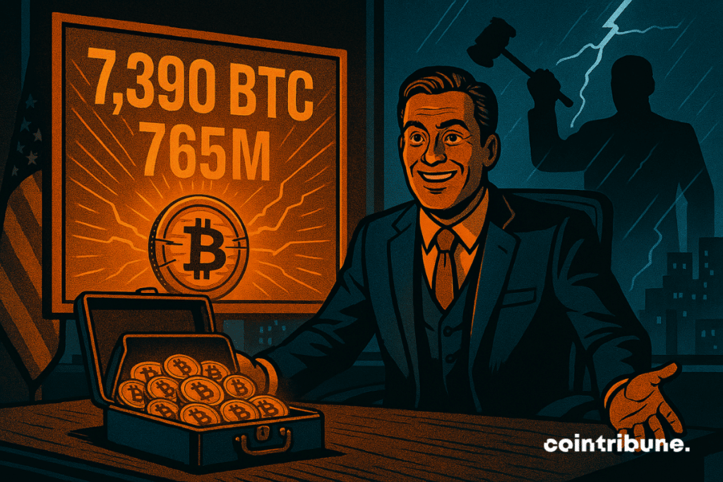 Company CEO showing off his joy in front of a chest full of bitcoins and a table of statistics