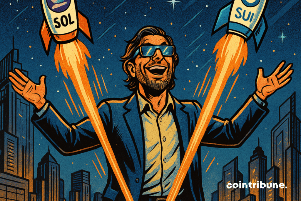 Illustration of a futuristic roof, SOL & SUI rockets in Raoul Pal's hands.