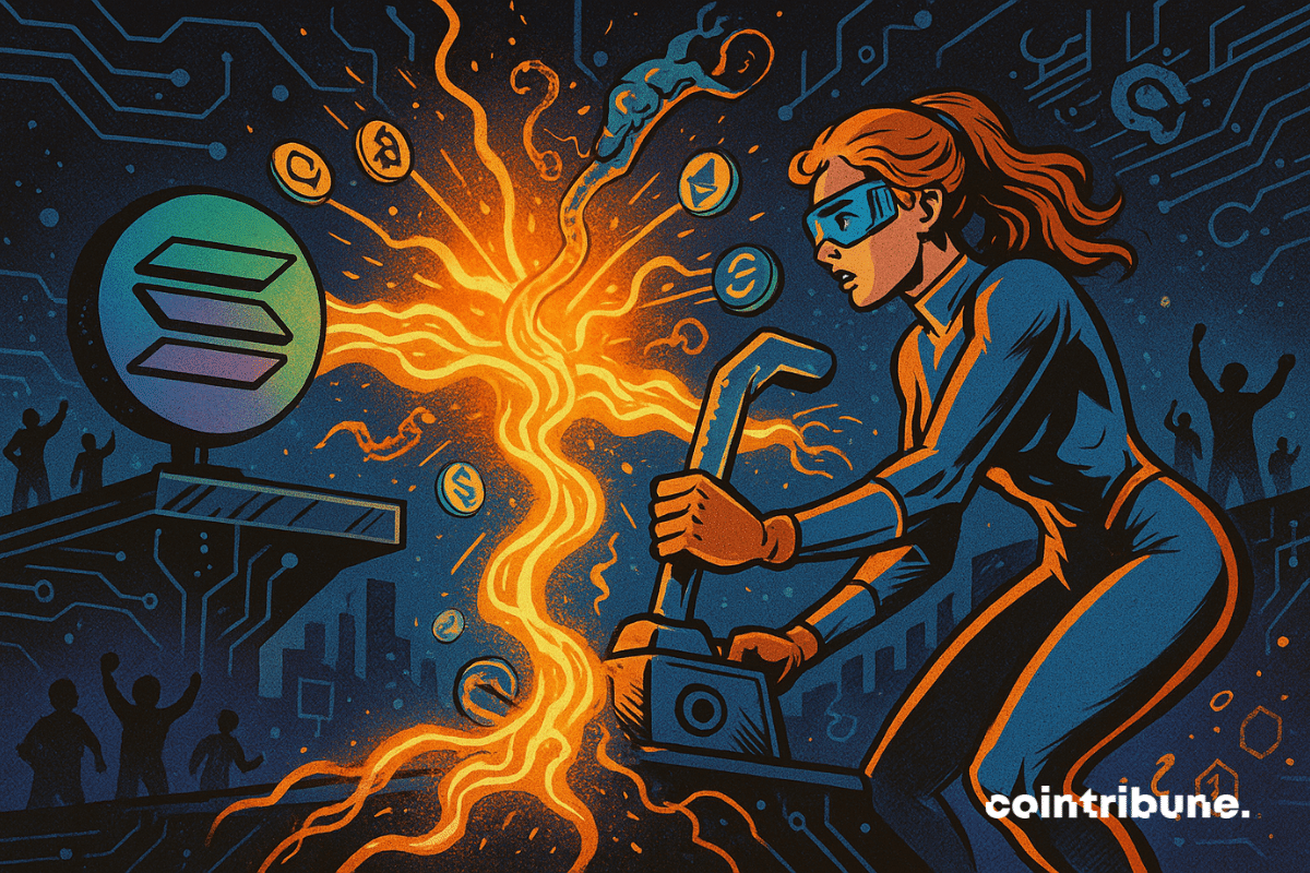 Une ingénieure crypto-futuriste active un levier incrusté dans une console flottante. Elle est légèrement penchée en avant, concentrée, l’expression intense : c’est elle qui déclenche l’interconnexion entre Solana et Chainlink.
