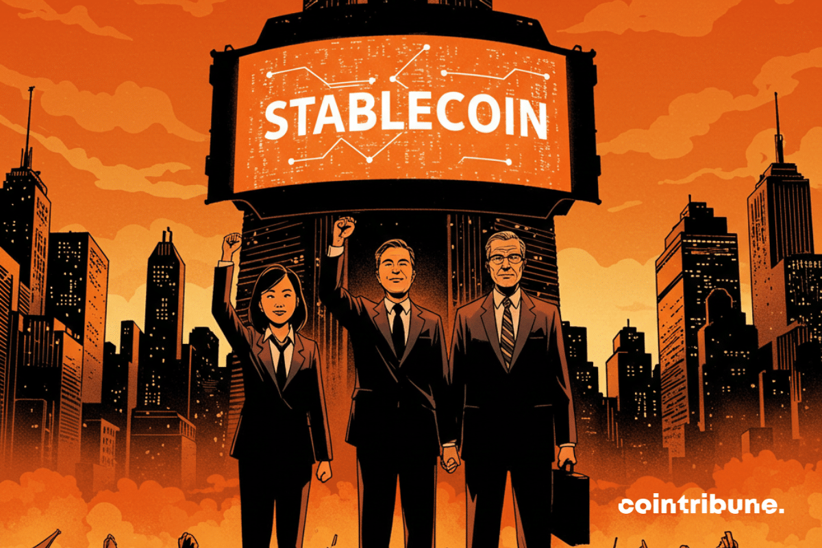 Une illustration symbolisant l’ascension des stablecoins, incarnée par 3 personnes résolues.