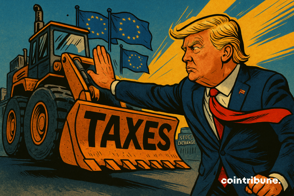 Donald Trump pushing back a bulldozer stamped with the word "taxes" and adorned with European flags