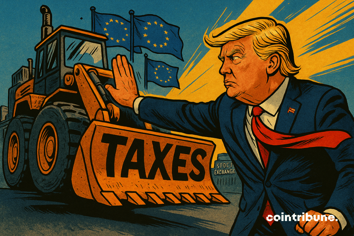 Donald Trump pushing back a bulldozer stamped with the word "taxes" and adorned with European flags